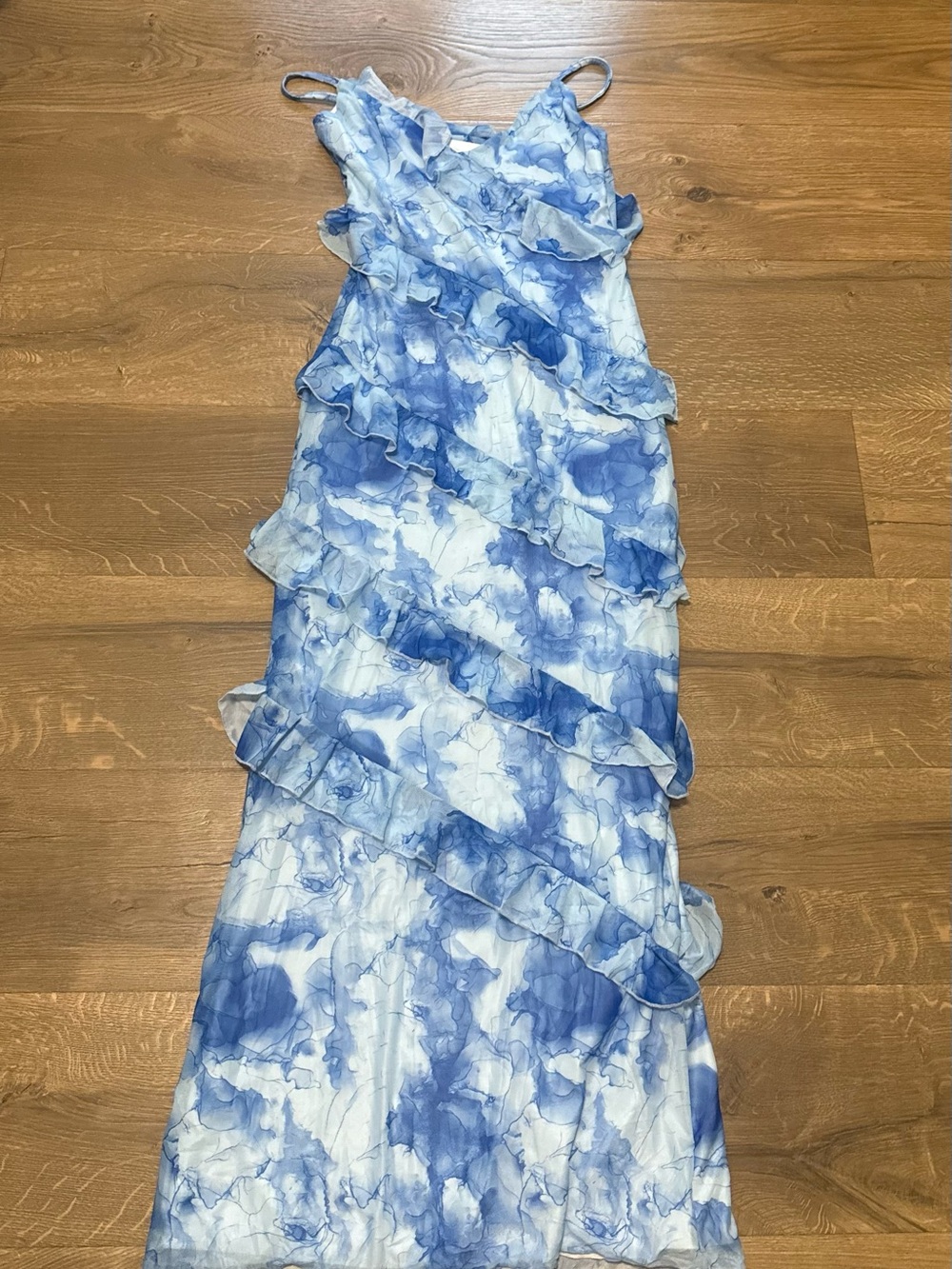 Blue White Watercolor Ruffle Maxi Dress
